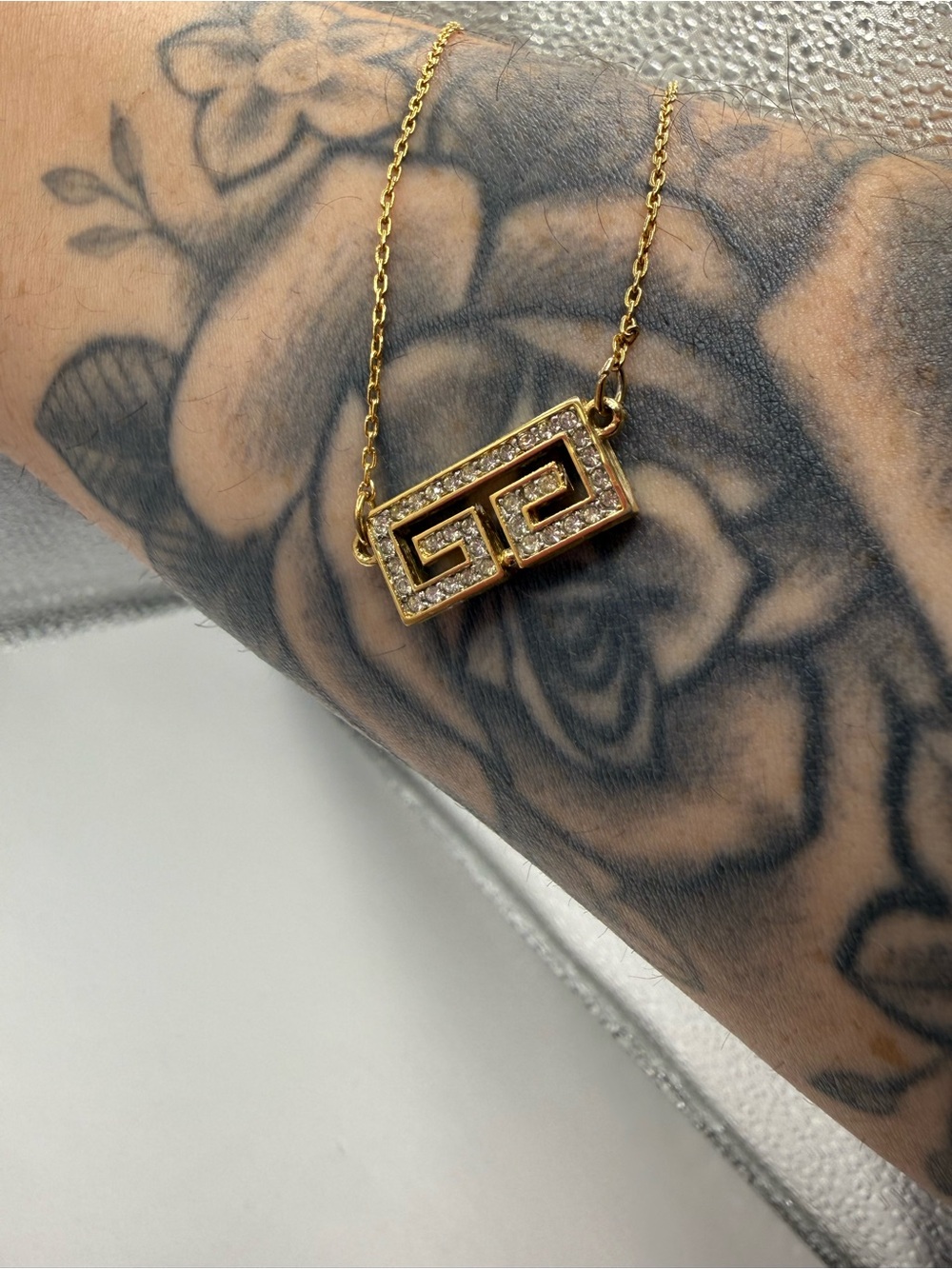 Authentic Givenchy Gold-Tone Greek Key Crystal Pendant Necklace